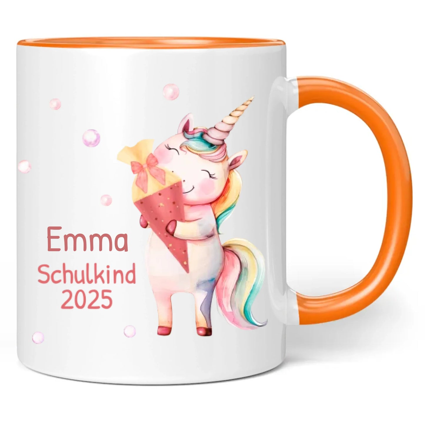 Tasse "Schulkind 2025" (Einhorn mit Schultüte) personalisiert mit eigenem Namen