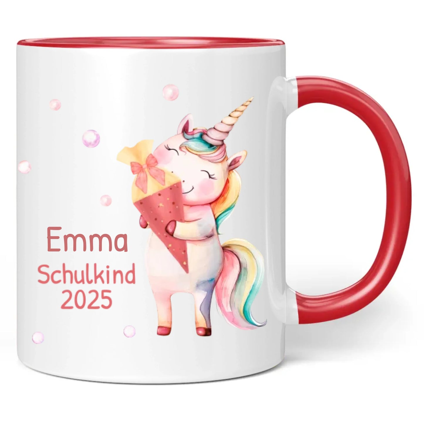 Tasse "Schulkind 2025" (Einhorn mit Schultüte) personalisiert mit eigenem Namen