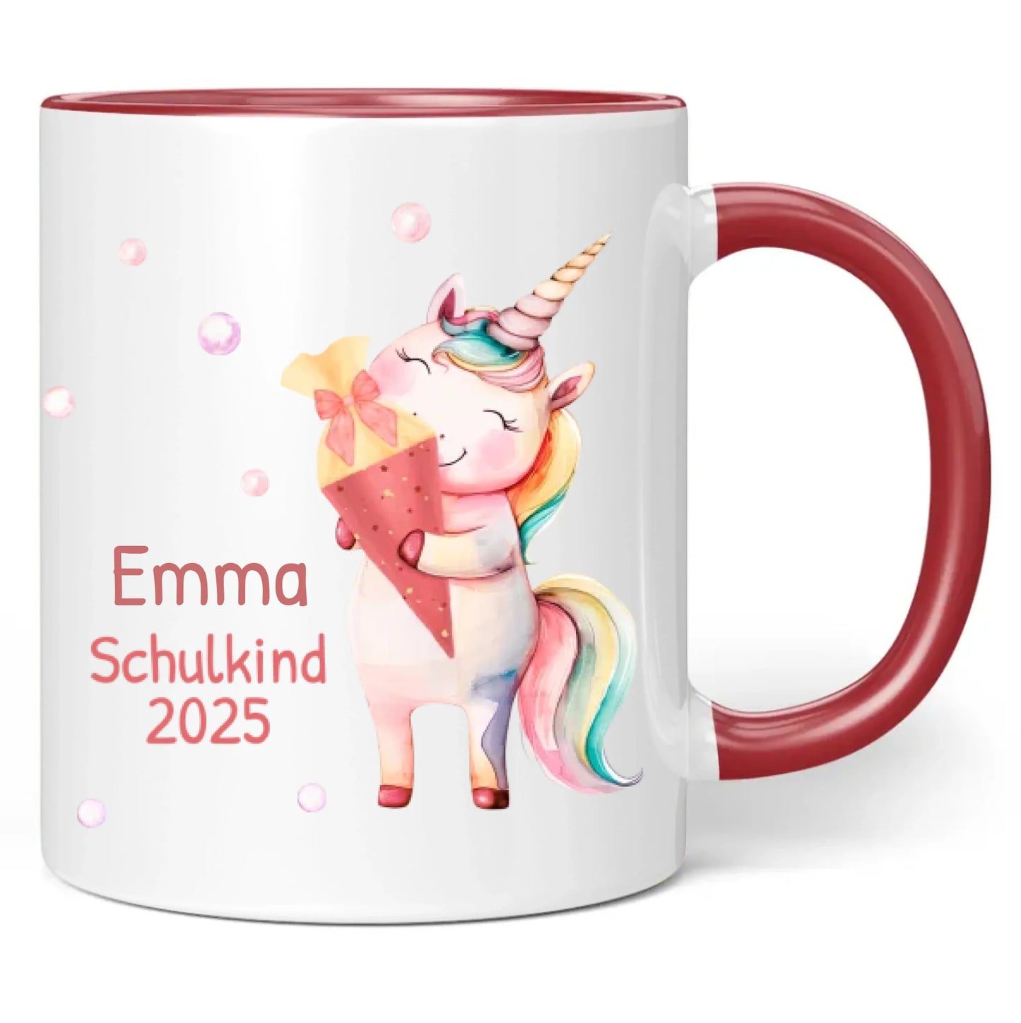 Tasse "Schulkind 2025" (Einhorn mit Schultüte) personalisiert mit eigenem Namen