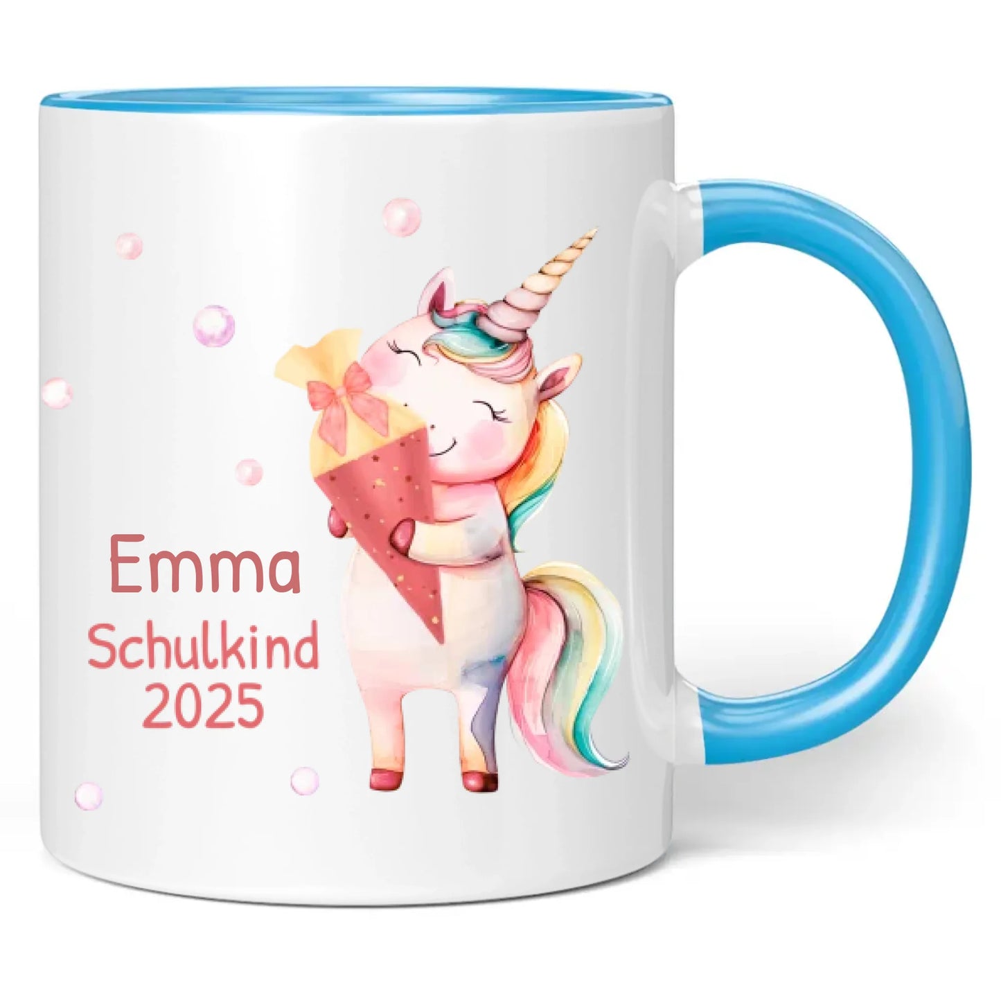 Tasse "Schulkind 2025" (Einhorn mit Schultüte) personalisiert mit eigenem Namen