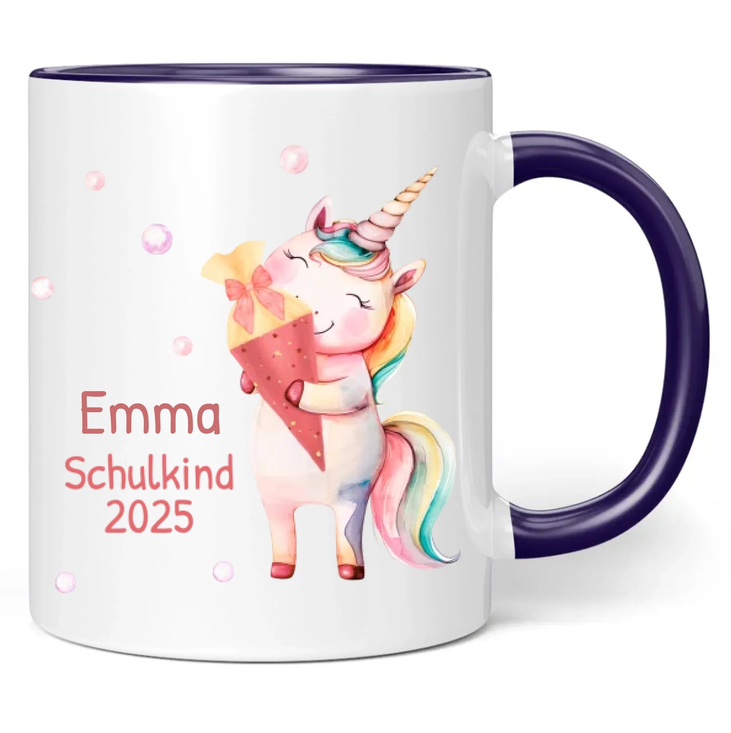 Tasse "Schulkind 2025" (Einhorn mit Schultüte) personalisiert mit eigenem Namen