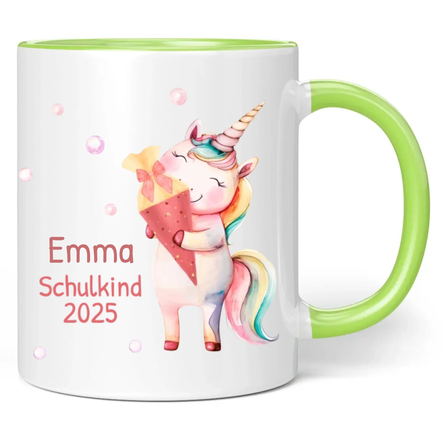 Tasse "Schulkind 2025" (Einhorn mit Schultüte) personalisiert mit eigenem Namen