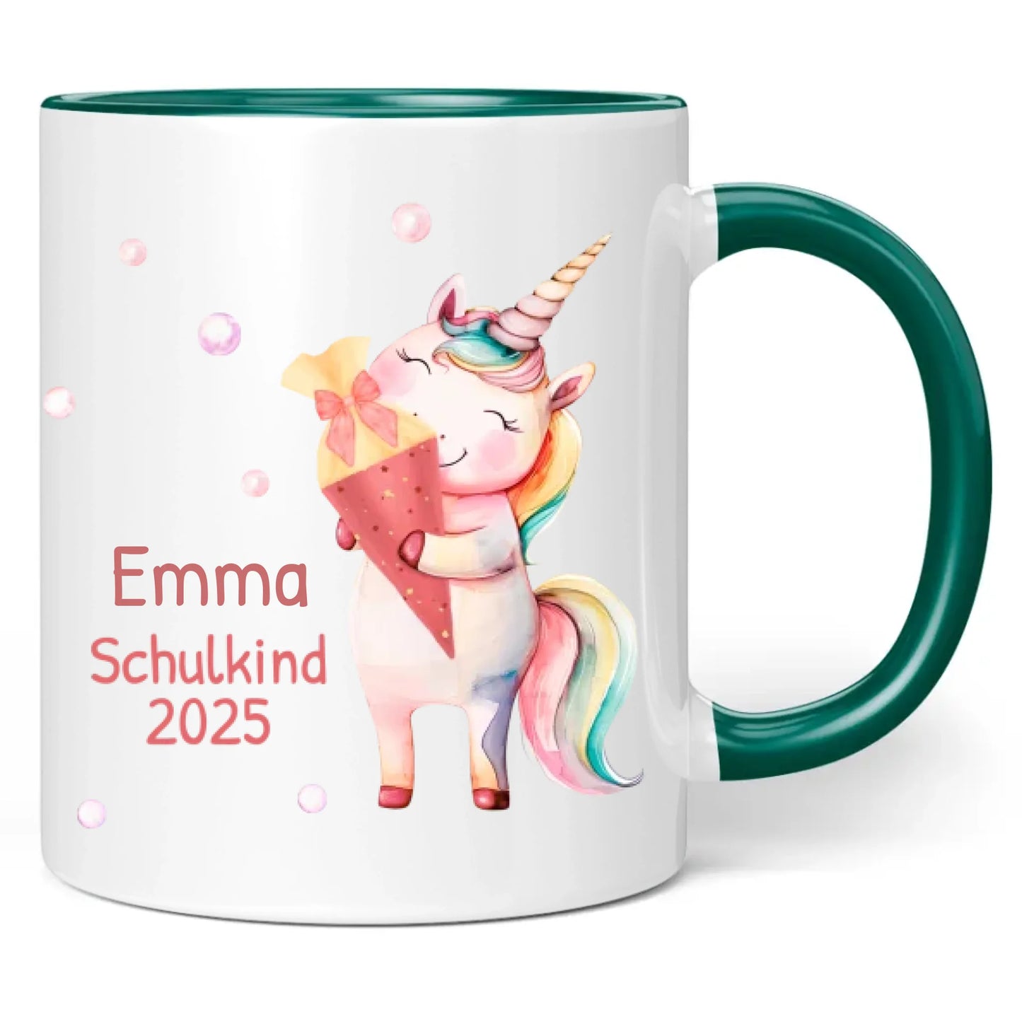 Tasse "Schulkind 2025" (Einhorn mit Schultüte) personalisiert mit eigenem Namen
